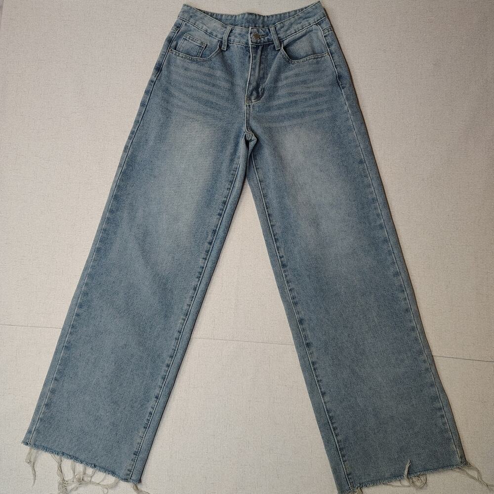 SHEIN Womens 27 High Rise Wide Leg Jeans Light Wash Raw Hem Y2K